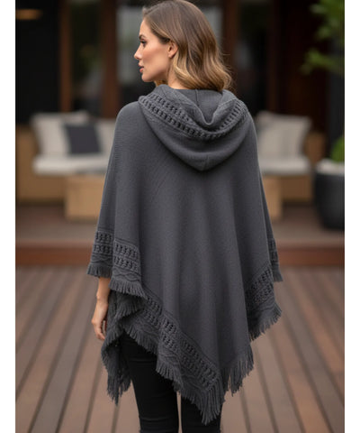Comprar poncho feminino tricot com capuz e franjas elegante para inverno em promoção ANELLIMN