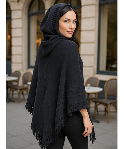 Comprar poncho feminino tricot  preto com capuz e franjas elegante para inverno em promoção ANELLIMN
