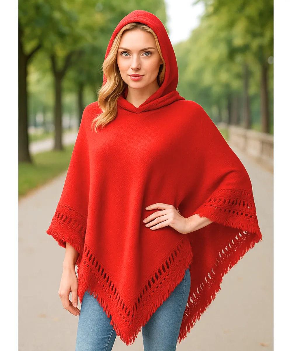 Comprar poncho feminino tricot  vermleho com capuz e franjas elegante para inverno em promoção ANELLIMN
