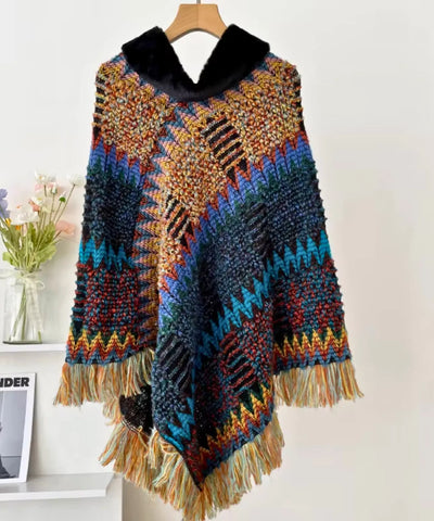 Poncho Feminino Tricot Grosso Com Gola De Pelo Boho Chic | Casimira
