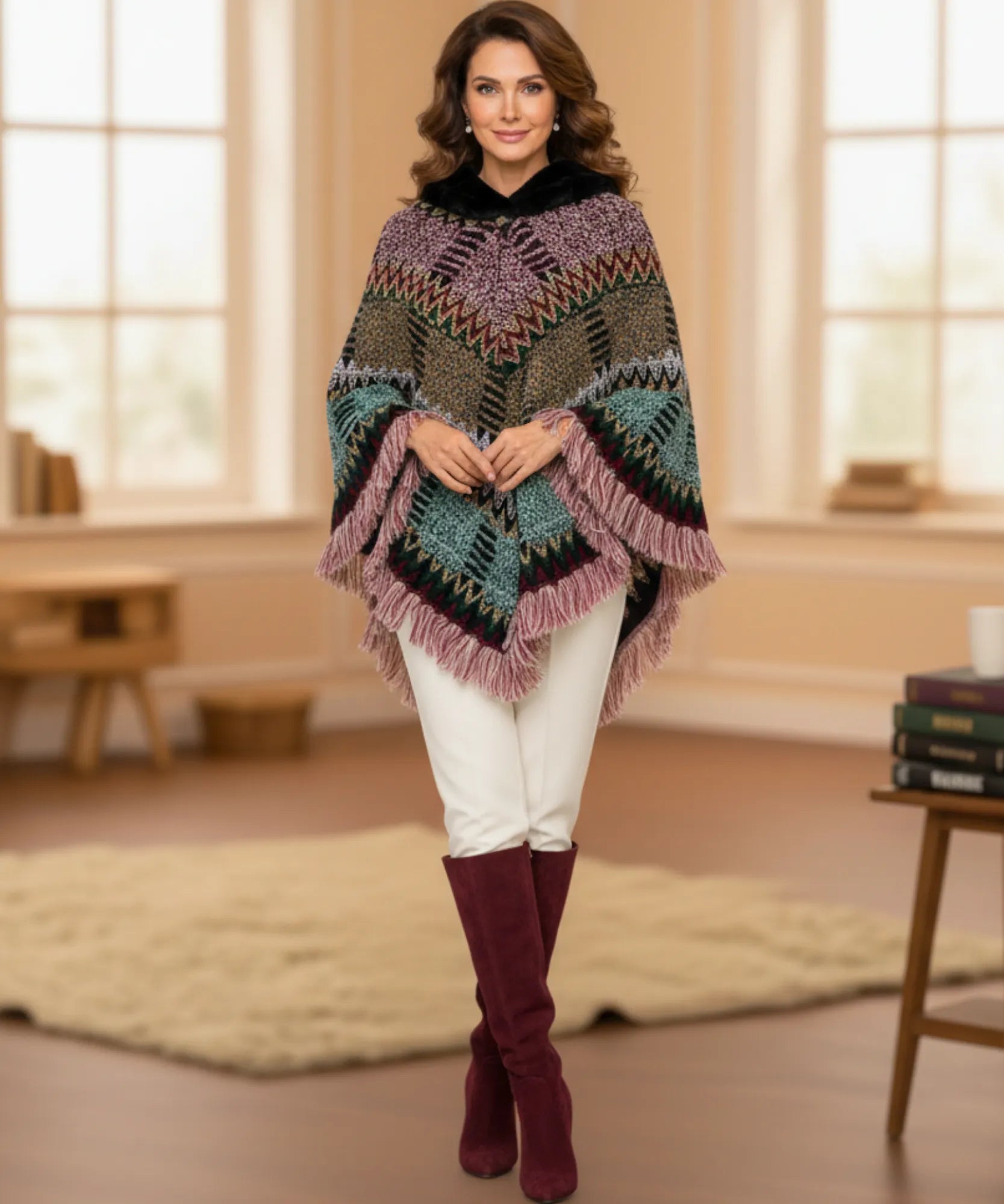 Comprar poncho feminino tricot grosso com gola de pelo e franjas boho elegante para dias frios barato ANELLIMN