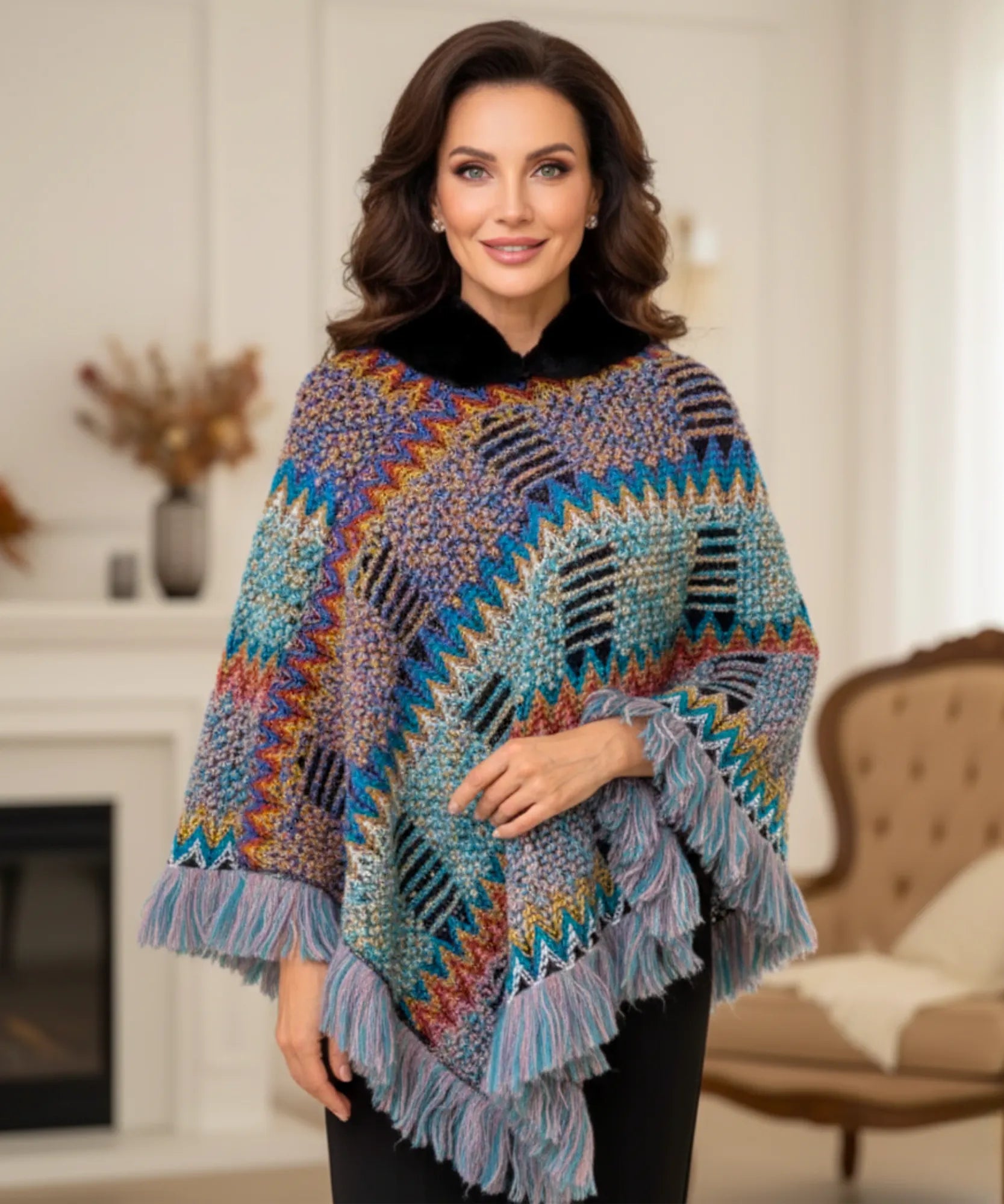 Comprar poncho feminino tricot grosso com gola de pelo e franjas boho elegante para dias frios barato ANELLIMN