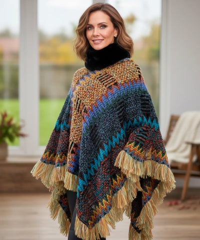 Comprar poncho feminino tricot grosso com gola de pelo e franjas boho elegante para dias frios barato ANELLIMN