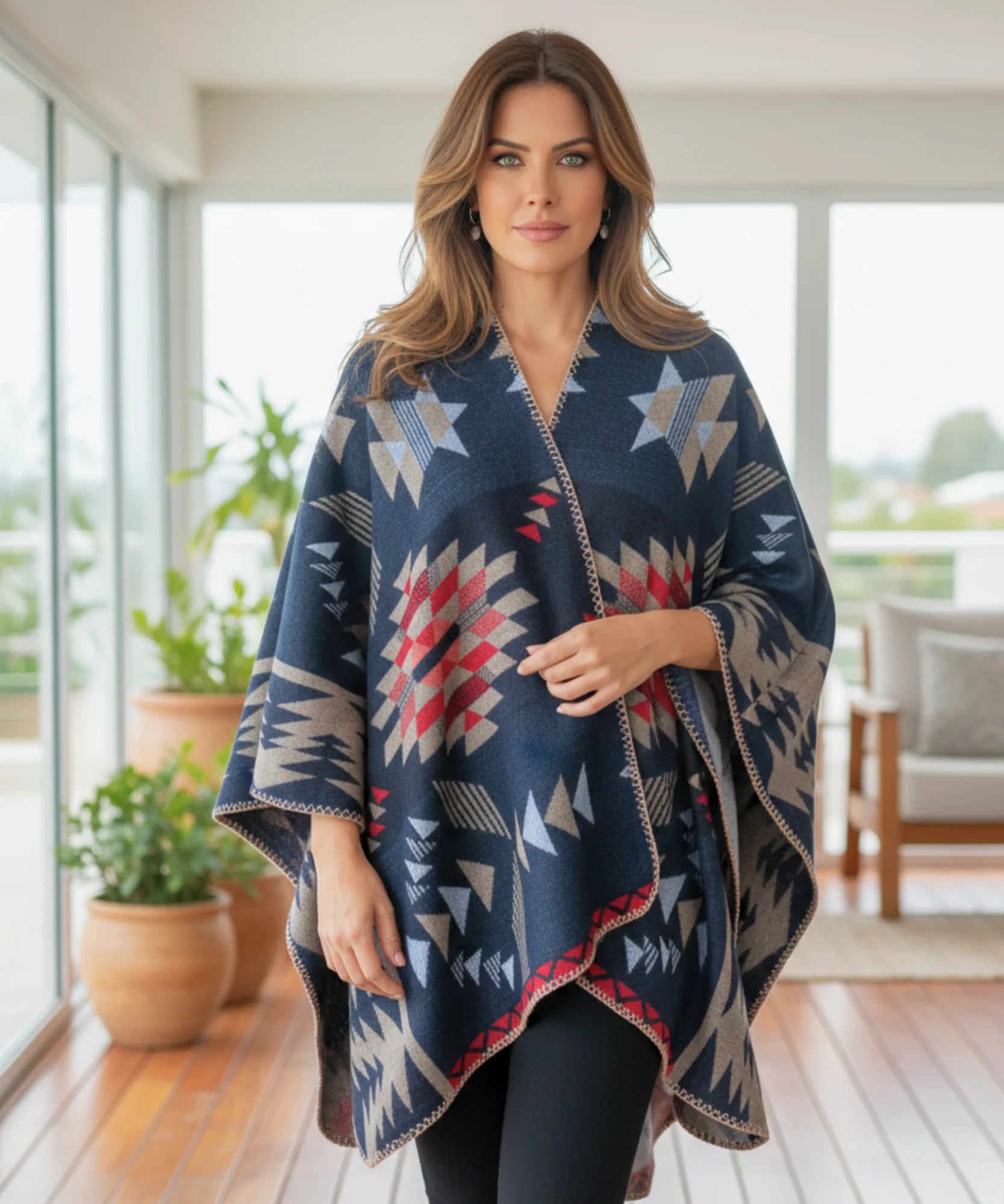 Comprar poncho feminino xale oversized estampa geométrica inverno promoção ANELLIMN