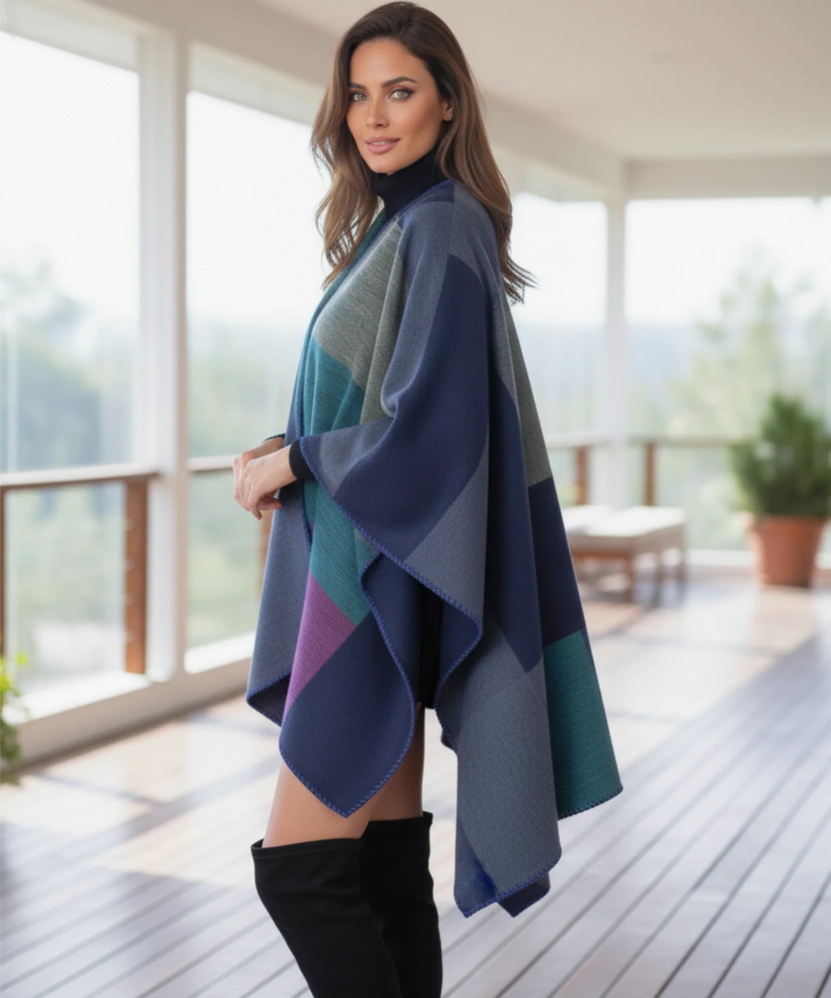 Comprar poncho feminino xale oversized estampa geométrica inverno promoção ANELLIMN