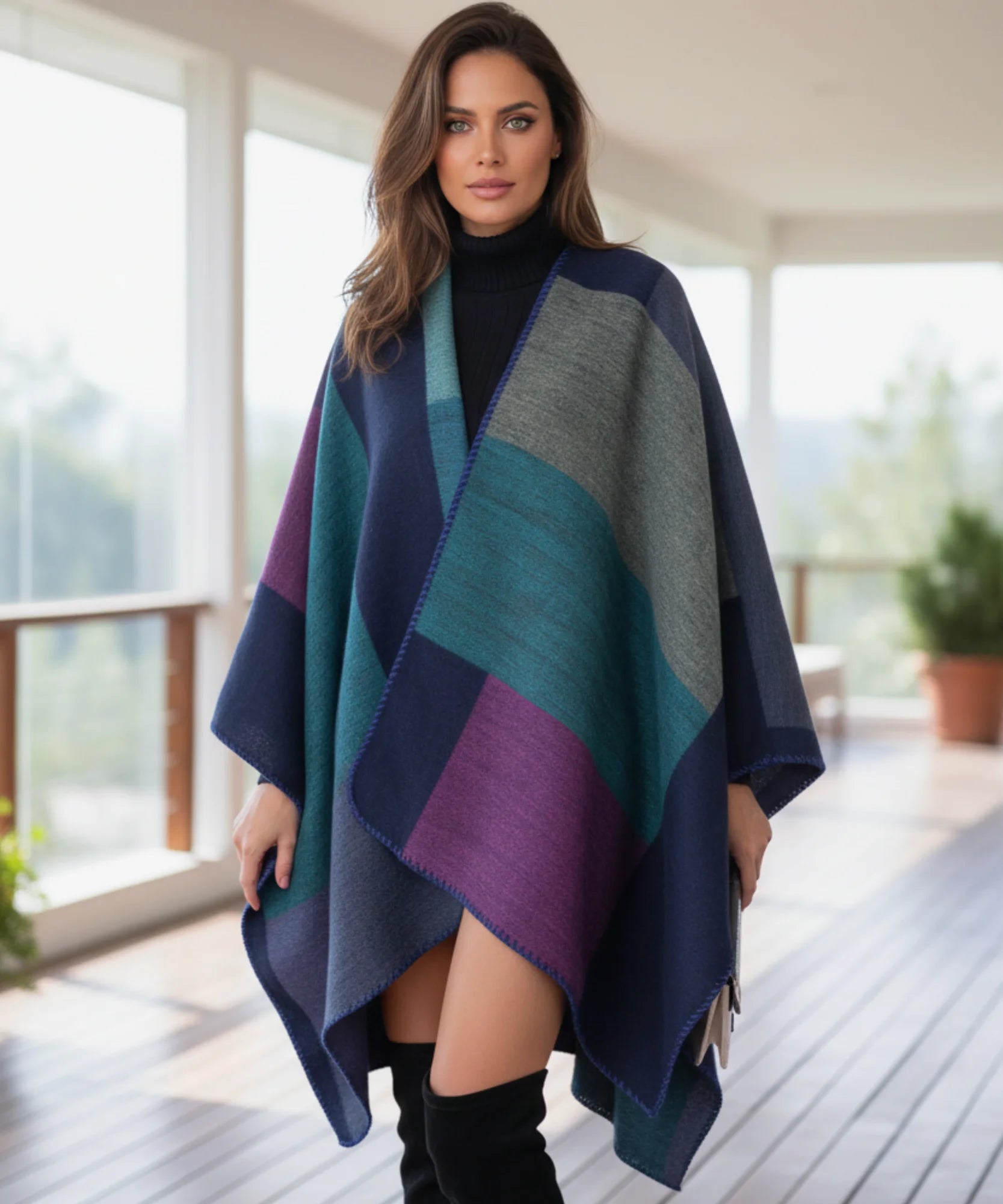 Comprar poncho feminino xale oversized estampa geométrica inverno promoção ANELLIMN