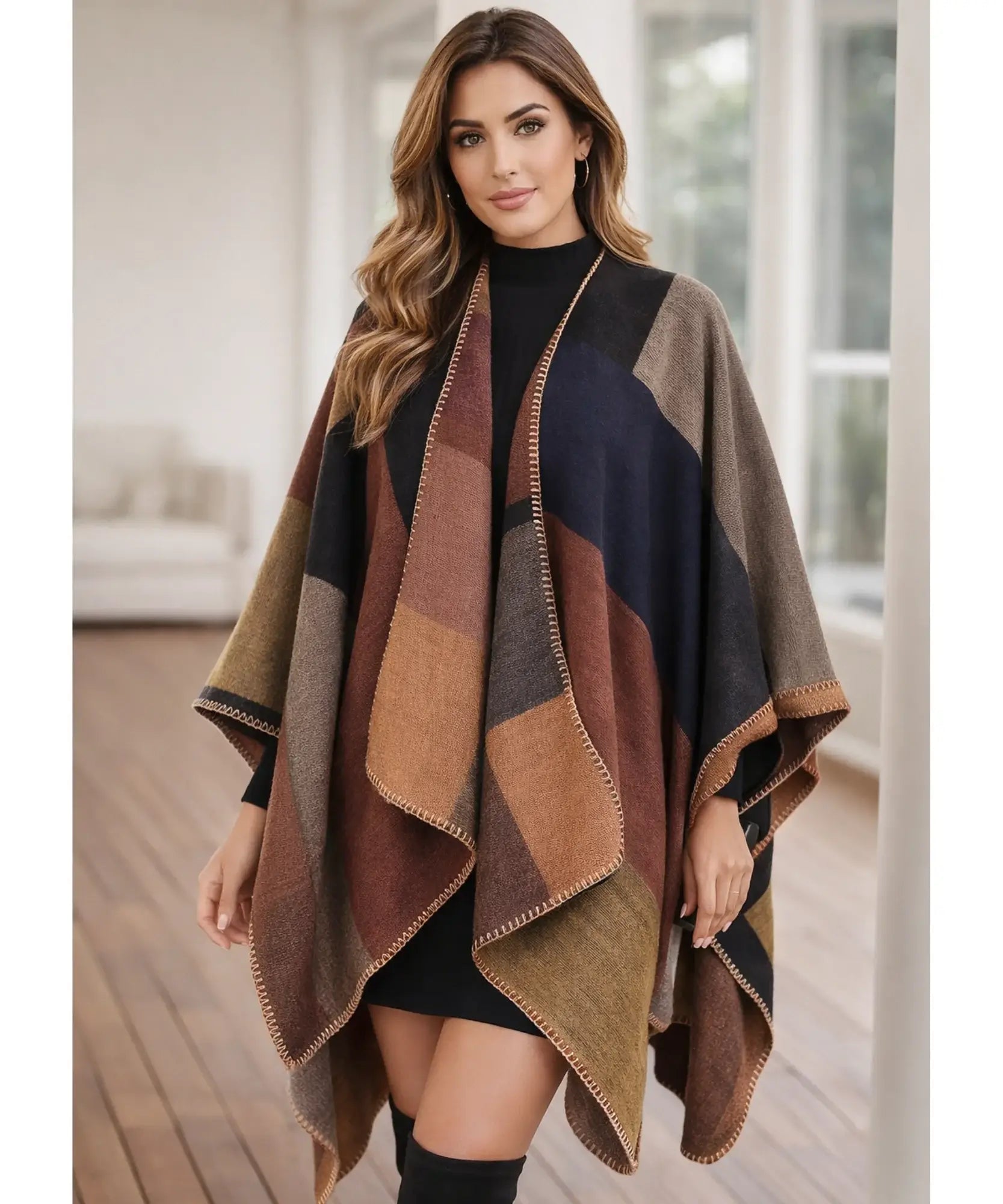 Comprar poncho feminino xale oversized estampa geométrica inverno promoção ANELLIMN
