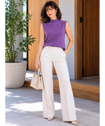 Regata canelada feminina roxa vestida dos pés à cabeça com calça pantalona