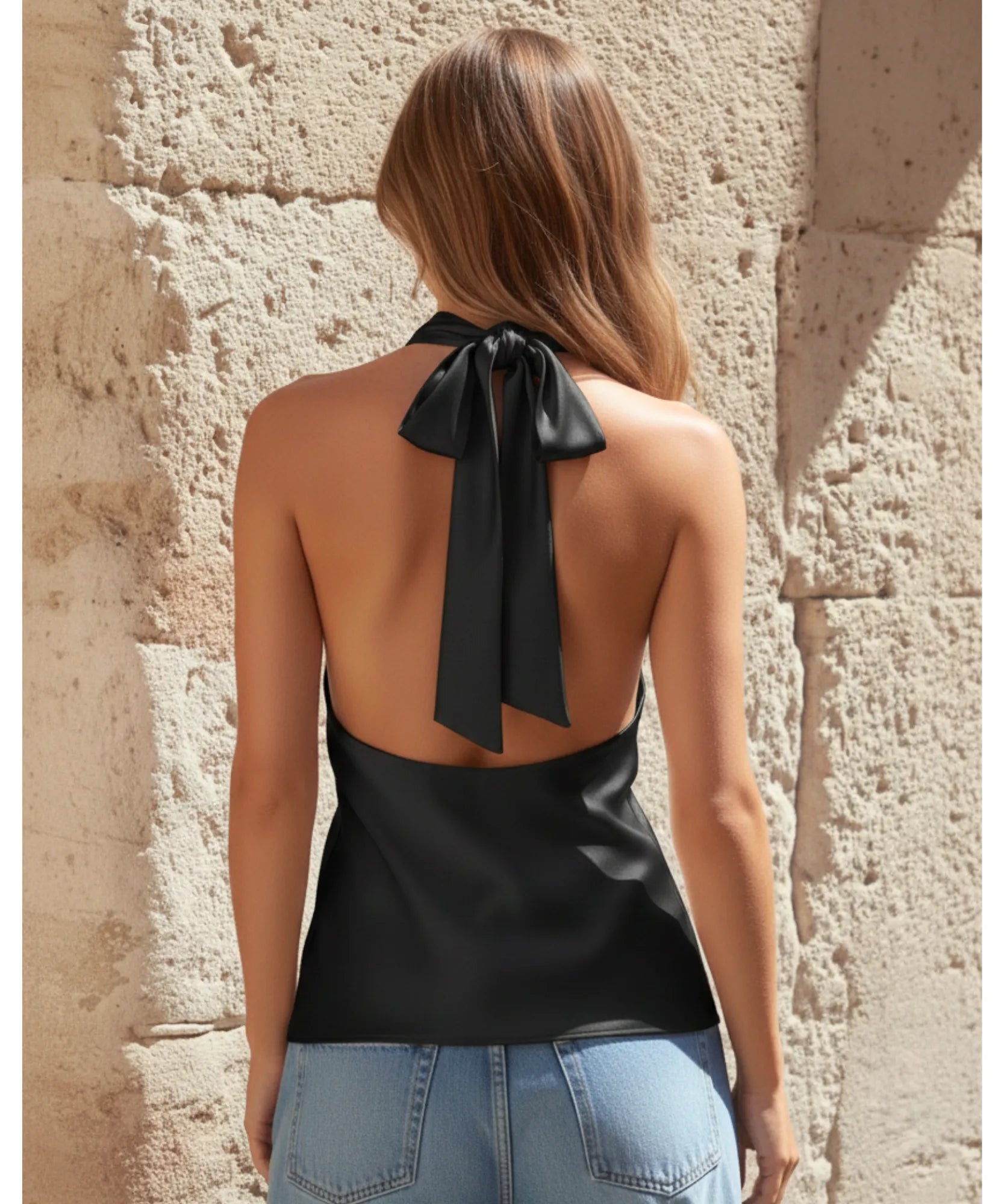 Comprar regata feminina de cetim frente única preto com decote drapeado e amarração nas costas para looks sofisticados e sociais barato ANELLIMN