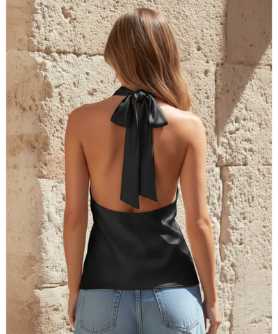 Comprar regata feminina de cetim frente única preto com decote drapeado e amarração nas costas para looks sofisticados e sociais barato ANELLIMN