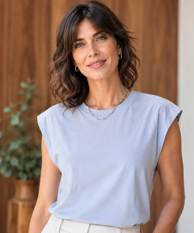 Comprar regata feminina slim algodão seda azul bebê em promoção Anellimn