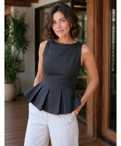Comprar regata feminina social elegante zíper lateral babado barra trabalho escritório barato ou em promoção ANELLIMN