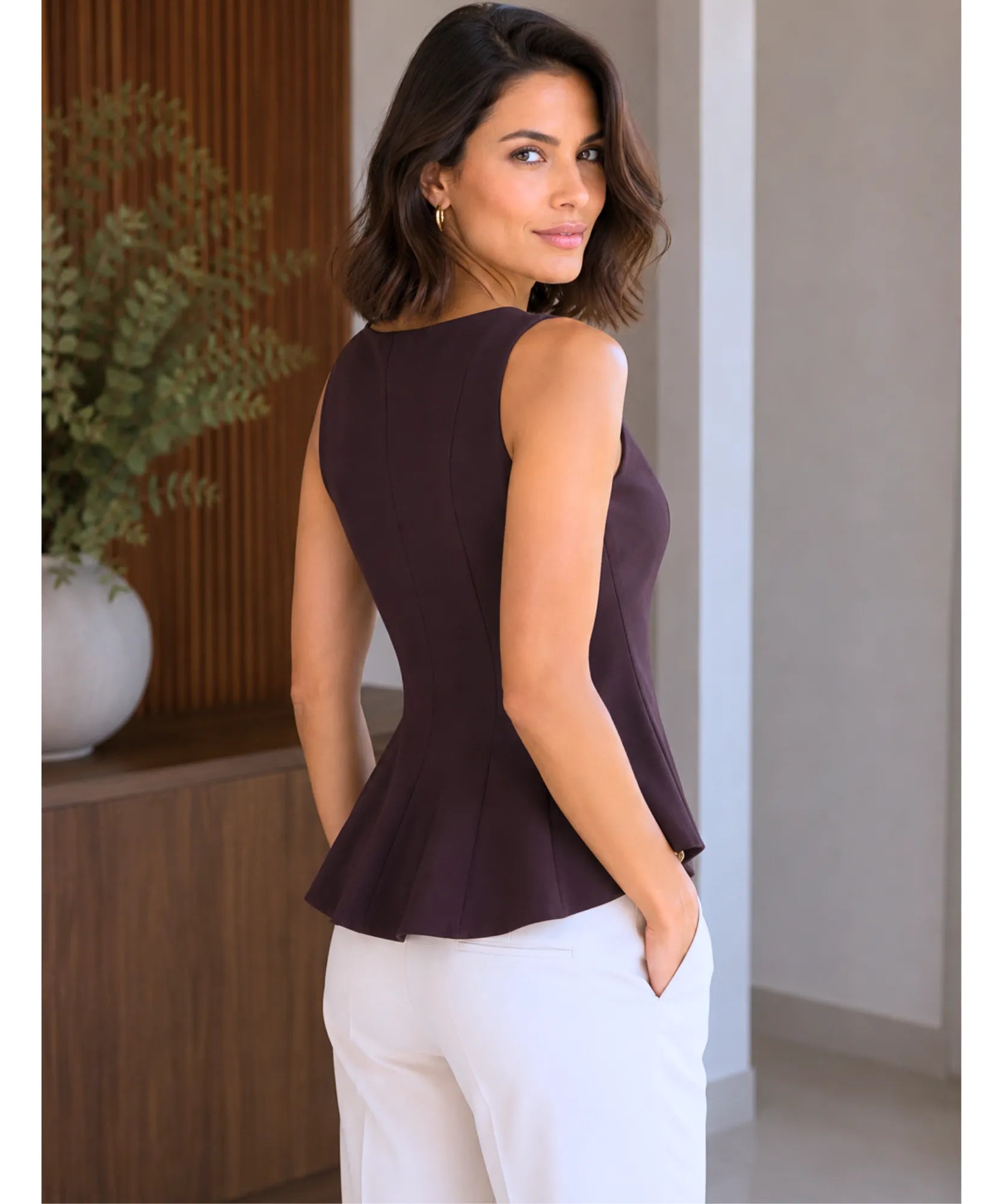 Comprar regata feminina social elegante zíper lateral babado barra trabalho escritório barato ou em promoção ANELLIMN