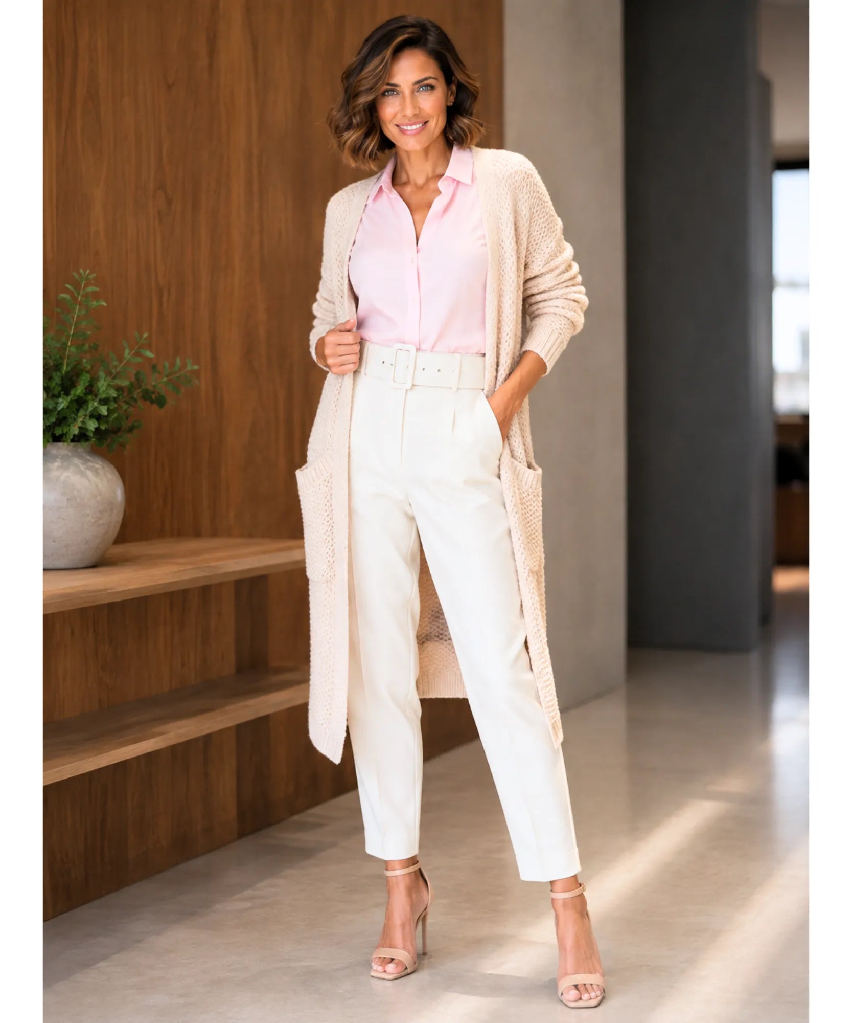 Modelo vestindo calça alfaiataria cenoura off white com cardigã de tricô claro