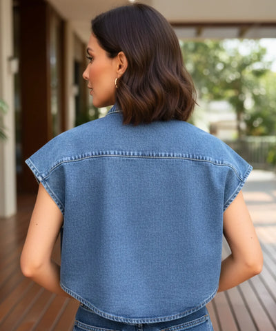 Costas do colete jeans feminino curto azul, com ombro caido e barra reta
