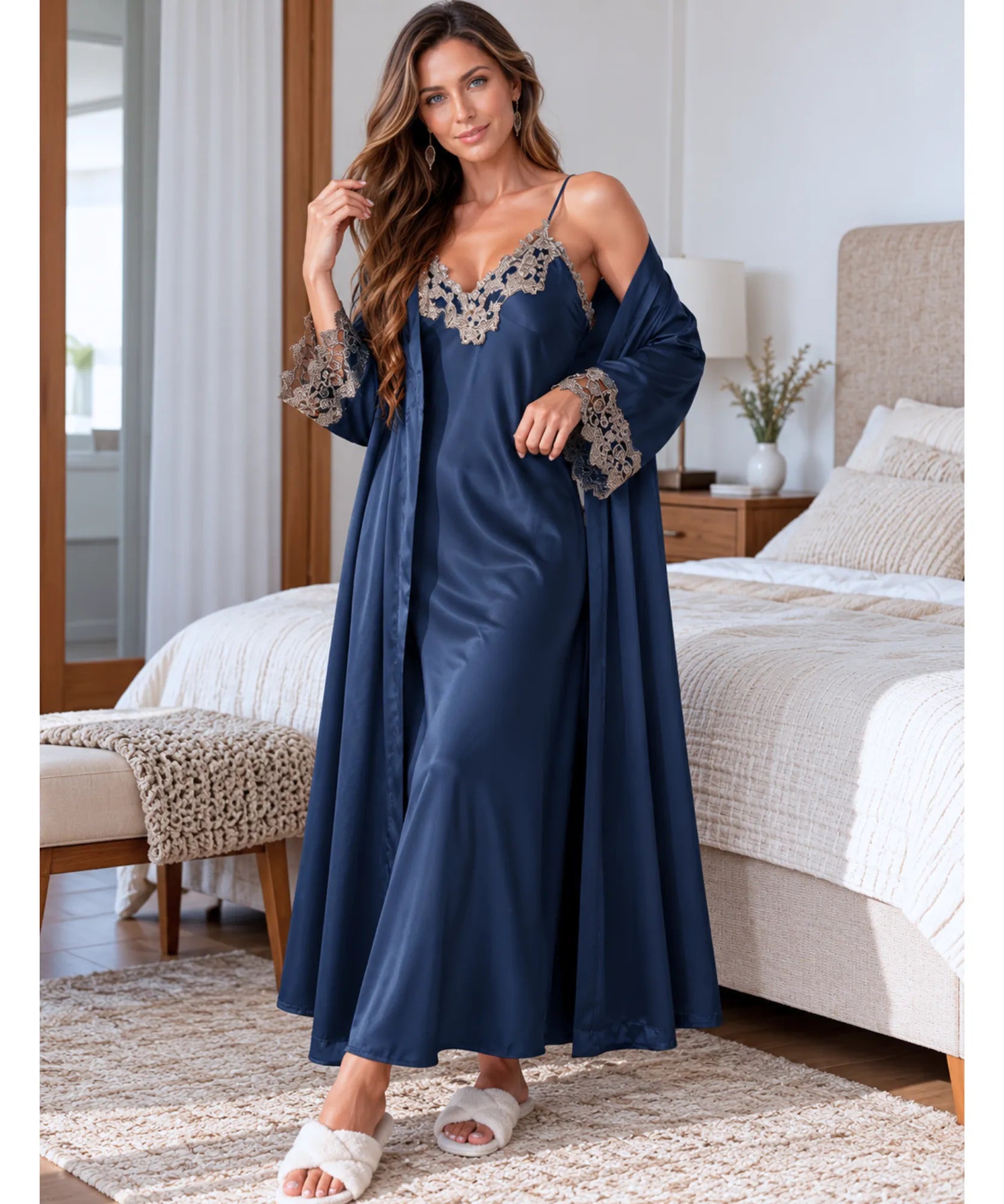 Comprar robe com camisola longa de cetim com renda azul marinho em promoção Anellimn