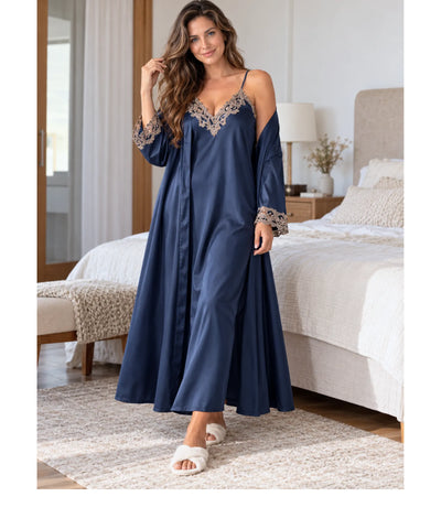 Comprar robe com camisola de cetim manga longa azul marinho em promoção Anellimn