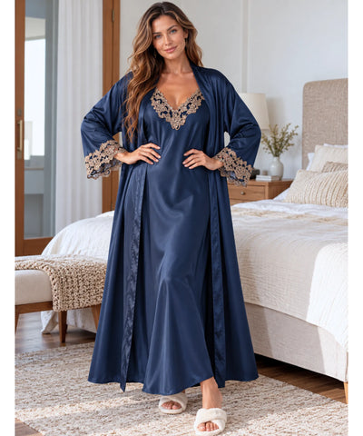 Comprar robe com camisola de cetim azul marinho com faixa na cintura em promoção Anellimn