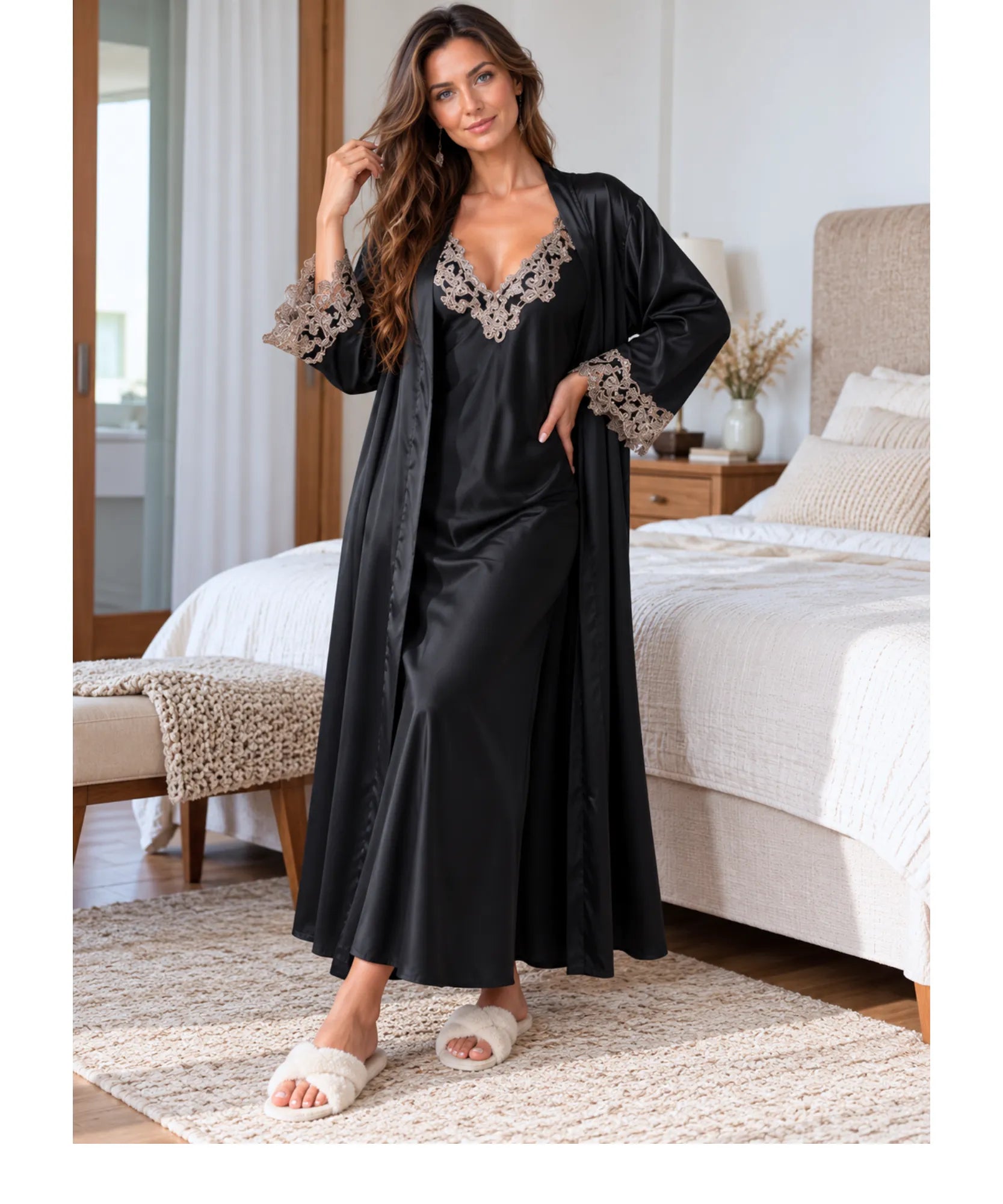 Comprar robe com camisola longa de cetim com renda preto em promoção Anellimn