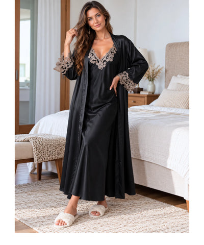 Comprar robe com camisola longa de cetim com renda preto em promoção Anellimn