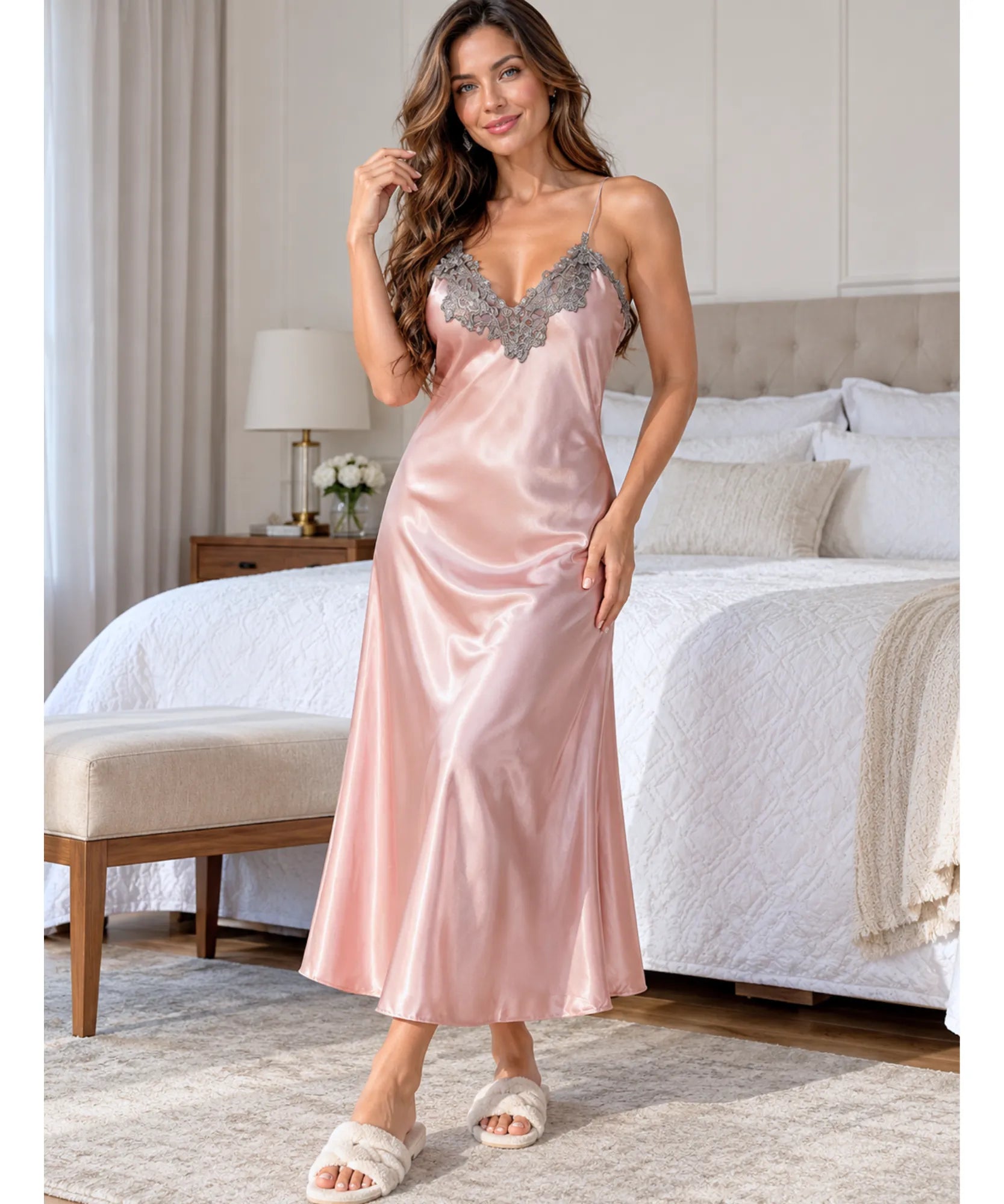 Comprar camisola longa de cetim com renda e alcinha rosa em promoção Anellimn