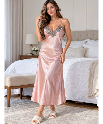 Comprar camisola longa de cetim com renda e alcinha rosa em promoção Anellimn