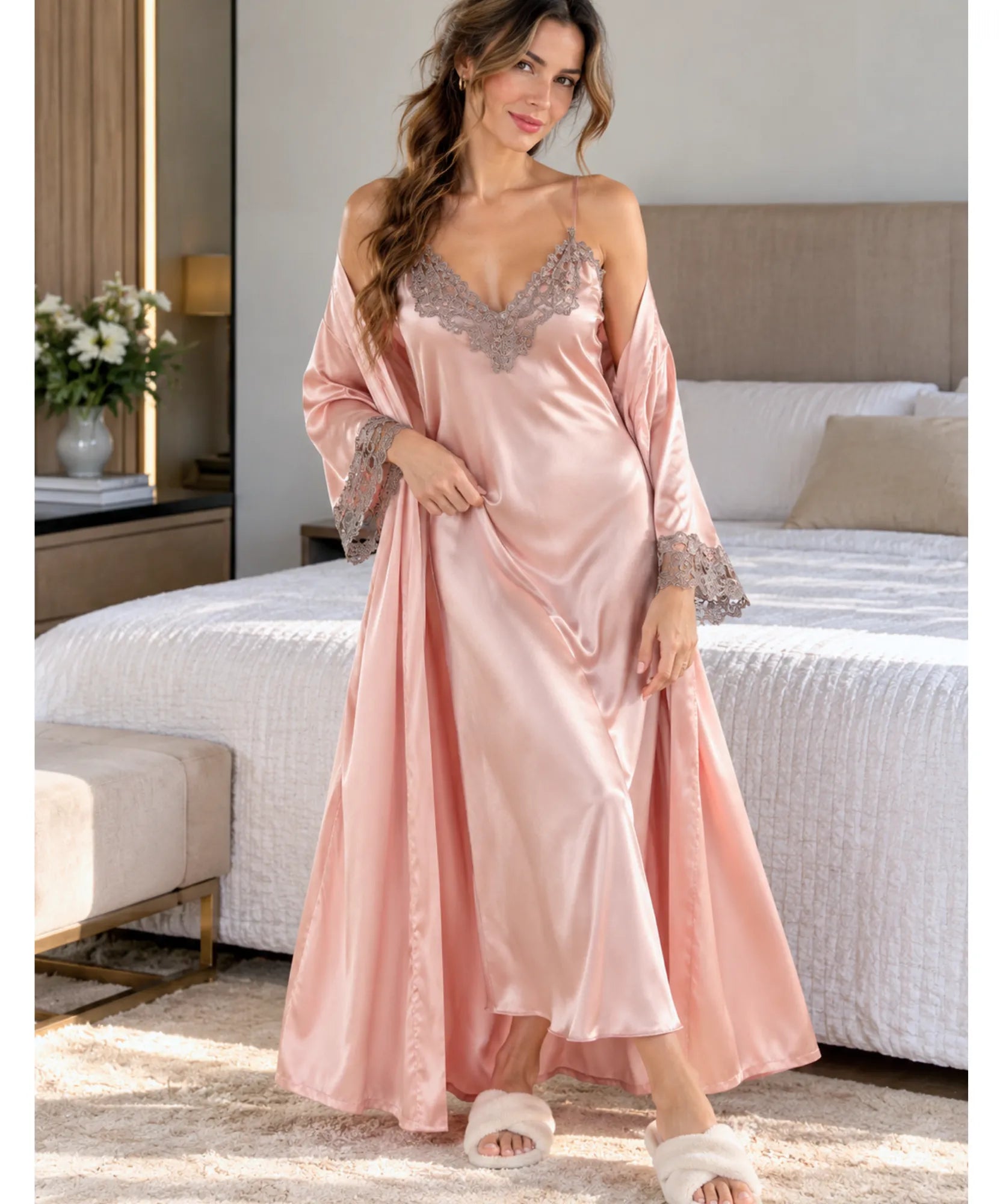 Comprar robe com camisola longa de cetim rosa look completo em promoção Anellimn