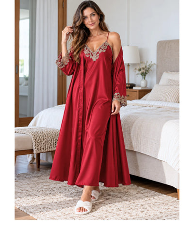 Comprar robe com camisola longa de cetim com renda vermelho em promoção Anellimn