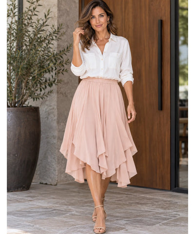 Comprar saia assimétrica midi em camadas cintura alta rosa em promoção Anellimn