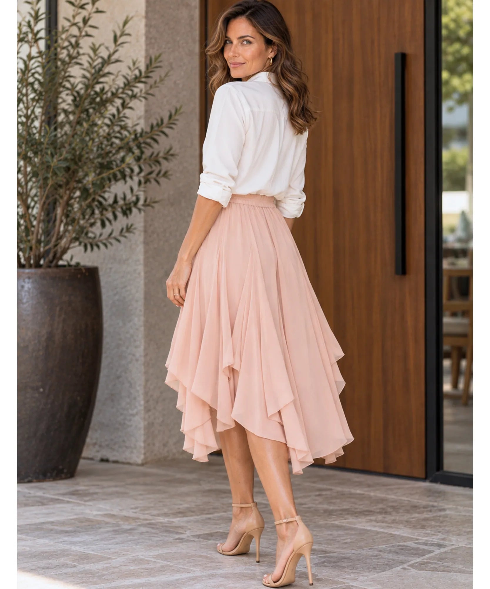 Comprar saia assimétrica midi rosa cintura alta em promoção Anellimn
