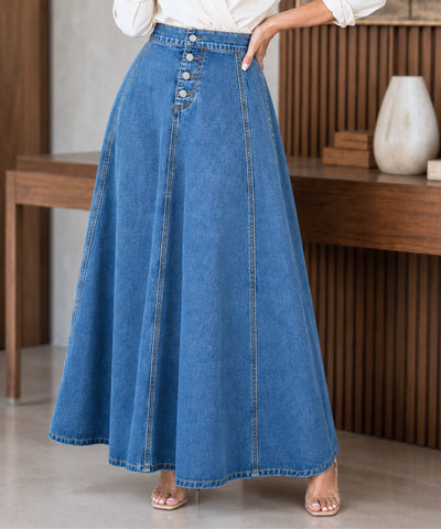 Comprar saia jeans longa feminina cintura alta botões godê azul detalhe barato Anellimn