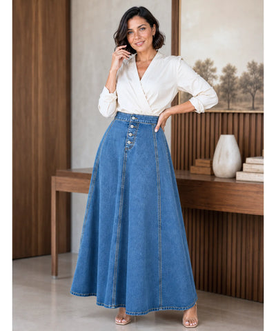 Comprar saia jeans longa feminina cintura alta botões godê azul barato Anellimn