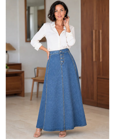 Comprar saia jeans longa feminina cintura alta botões godê azul em promoção Anellimn