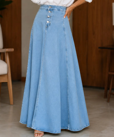 Comprar saia jeans longa feminina cintura alta botões godê azul claro detalhe barato Anellimn