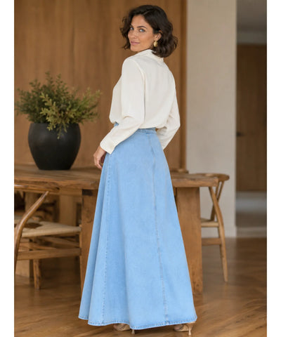 Comprar saia jeans longa feminina cintura alta botões godê azul claro em promoção Anellimn
