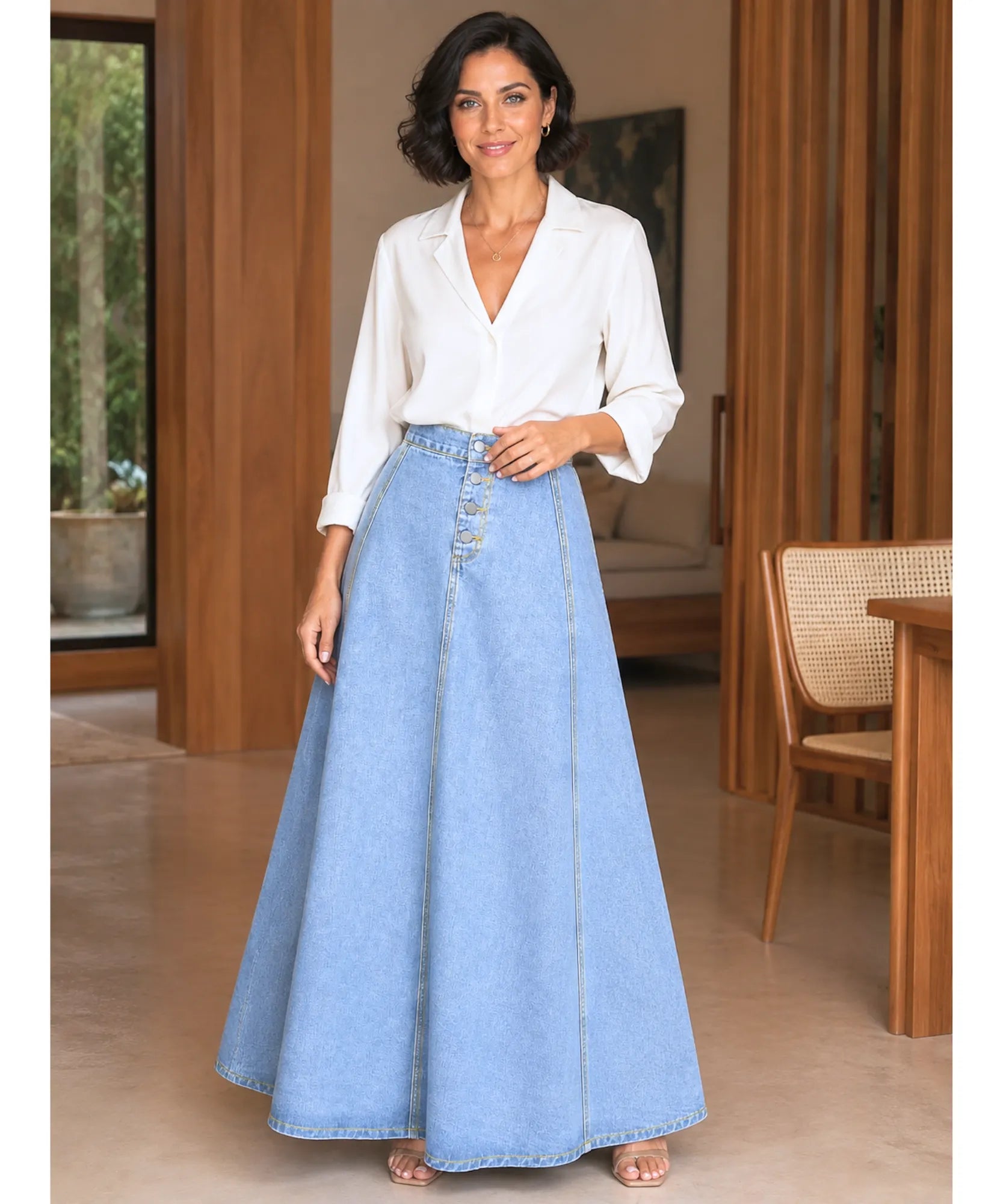 Comprar saia jeans longa feminina cintura alta botões godê azul claro barato Anellimn