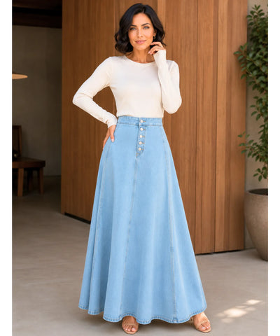 Comprar saia jeans longa feminina cintura alta botões godê azul claro em promoção Anellimn