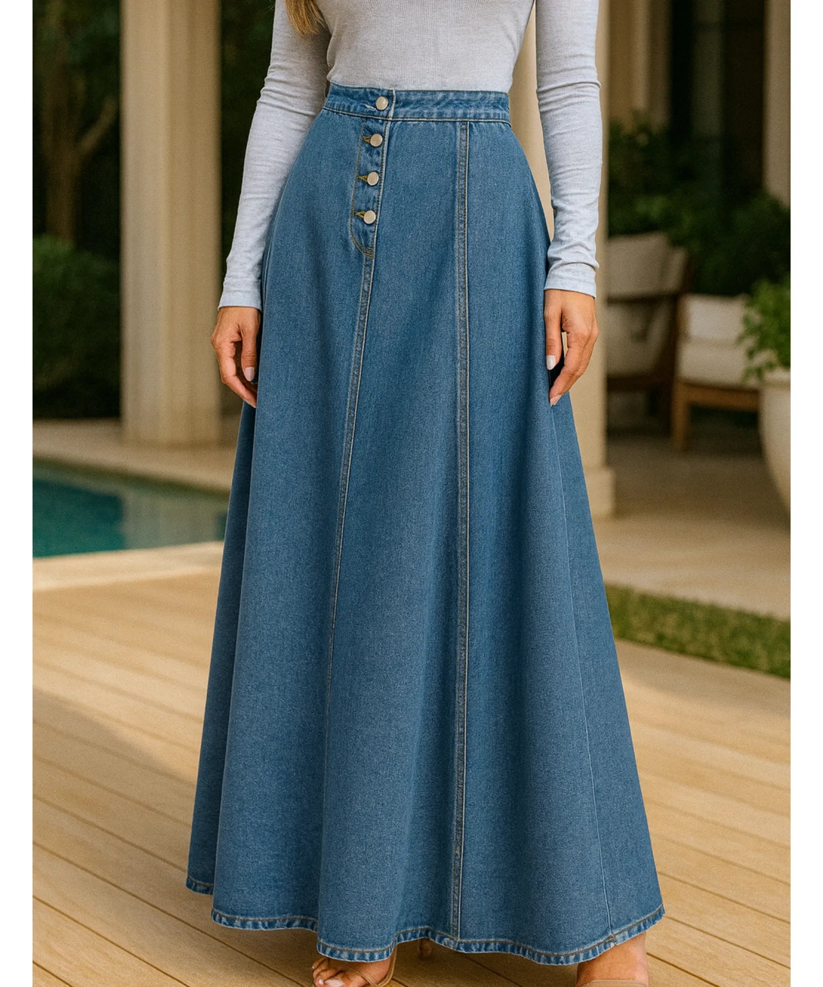 Comprar saia jeans longa feminina cintura alta botões frontais godê casual vintage confortável barato promoção ZARA
