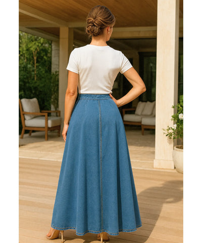 Saia Jeans Longa Feminina Cintura Alta Botões Godê | Ioná