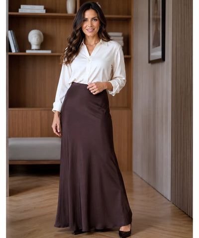 Comprar saia longa alfaiataria marrom escuro em promoção Anellimn