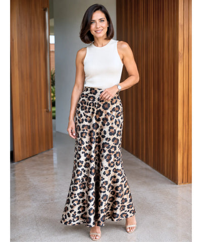 Comprar saia longa animal print caramelo feminina elegante para outono inverno em promoção