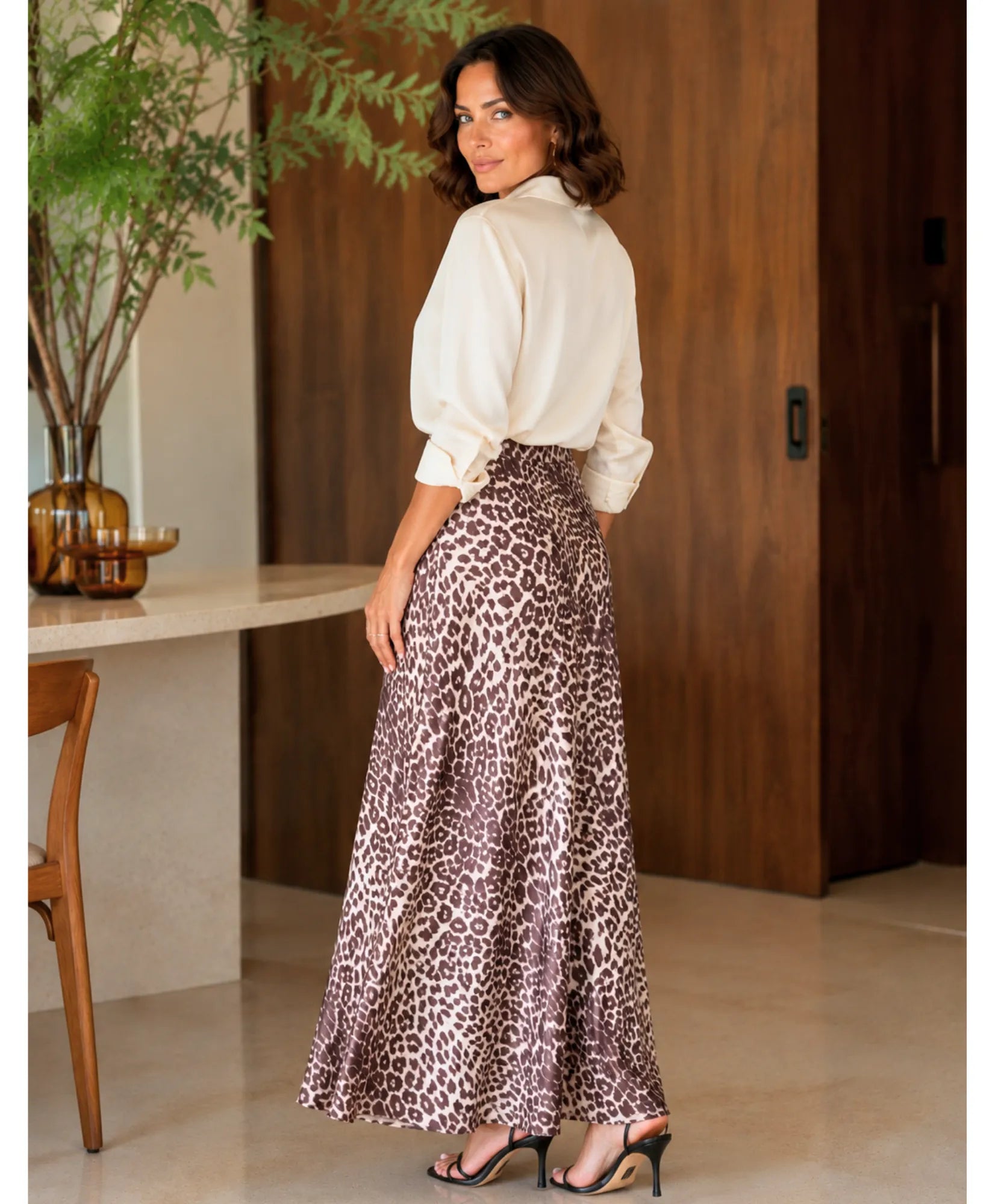 Comprar saia longa animal print cetim marrom barato Anellimn