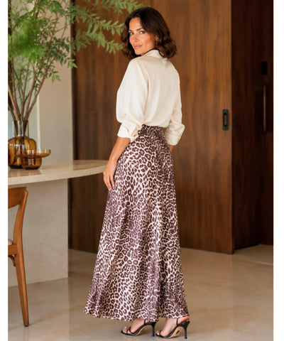 Comprar saia longa animal print cetim marrom barato Anellimn