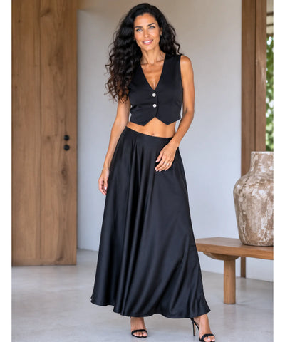 Comprar saia longa cetim preto barato Anellimn