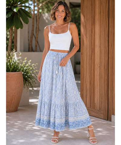 Comprar saia longa floral viscose azul claro boho feminina verão em promoção