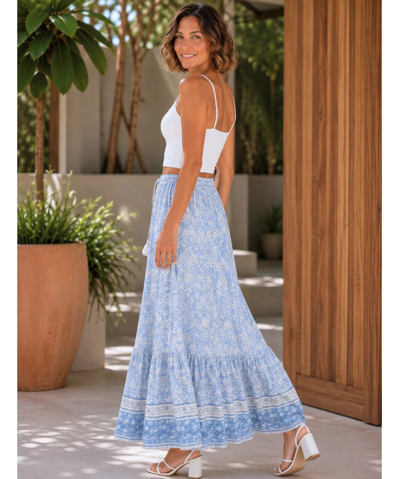 Comprar saia longa floral viscose azul claro babados feminina promoção