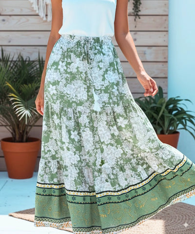 Comprar saia longa floral viscose verde boho feminina barato frete grátis