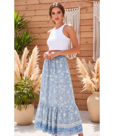 Saia Longa Floral Viscose Babados Boho Verão Anellimn