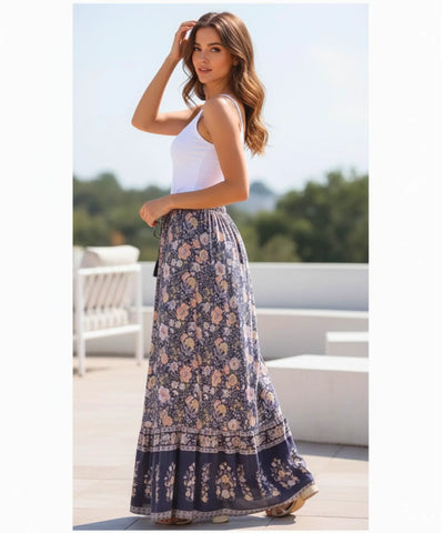 Saia Longa Floral Viscose Babados Boho Verão | Joa