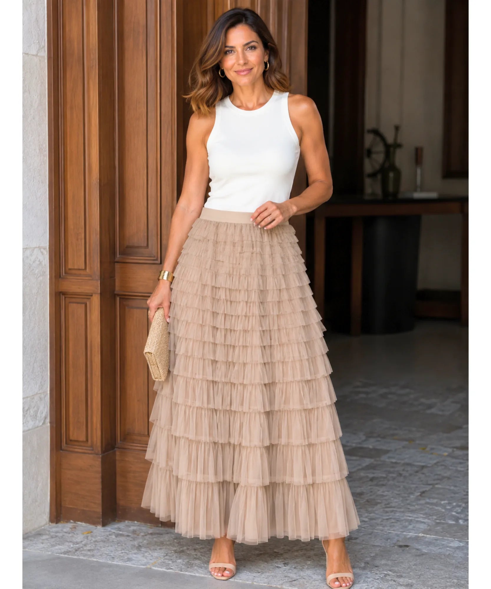 Comprar saia longa tule babados bege para festa casamento formatura